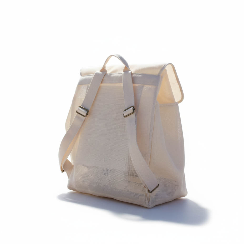 Little Ocean The Everything Beach Bag in cream mesh with adjustable cotton straps and brushed copper hardware