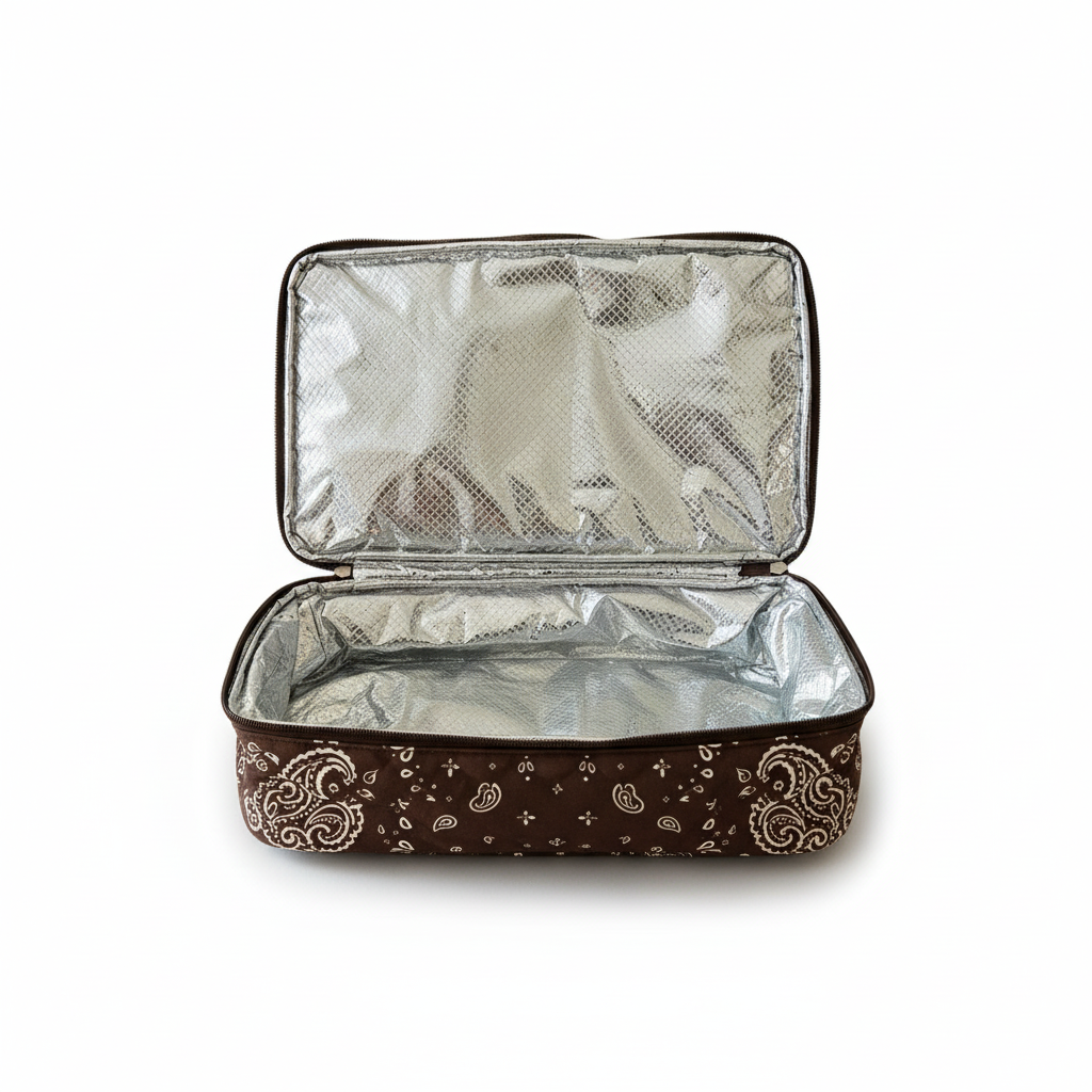 Little Ocean quilted tote bag featuring an open, insulated silver-lined cooler compartment with brown bandana print.