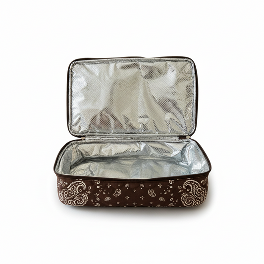 Little Ocean quilted tote bag featuring an open, insulated silver-lined cooler compartment with brown bandana print.